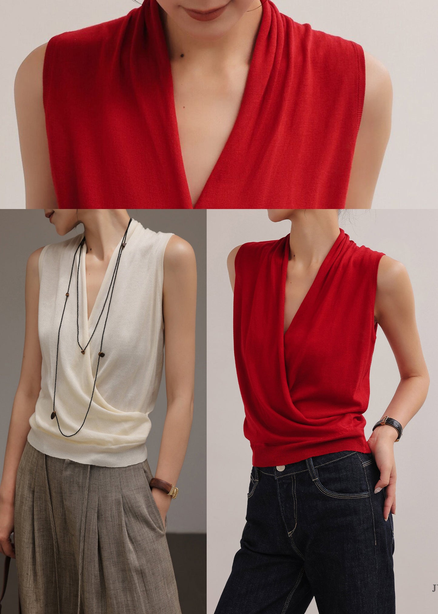 Casual White V Neck Knit Shirts Sleeveless