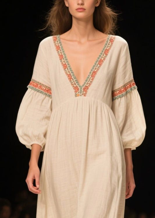 Casual White V Neck Patchwork Linen Maxi Dresses Bracelet Sleeve