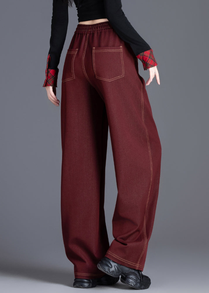 Casual Wine Red Elastic Waist Patchwork Denim Pants Spring