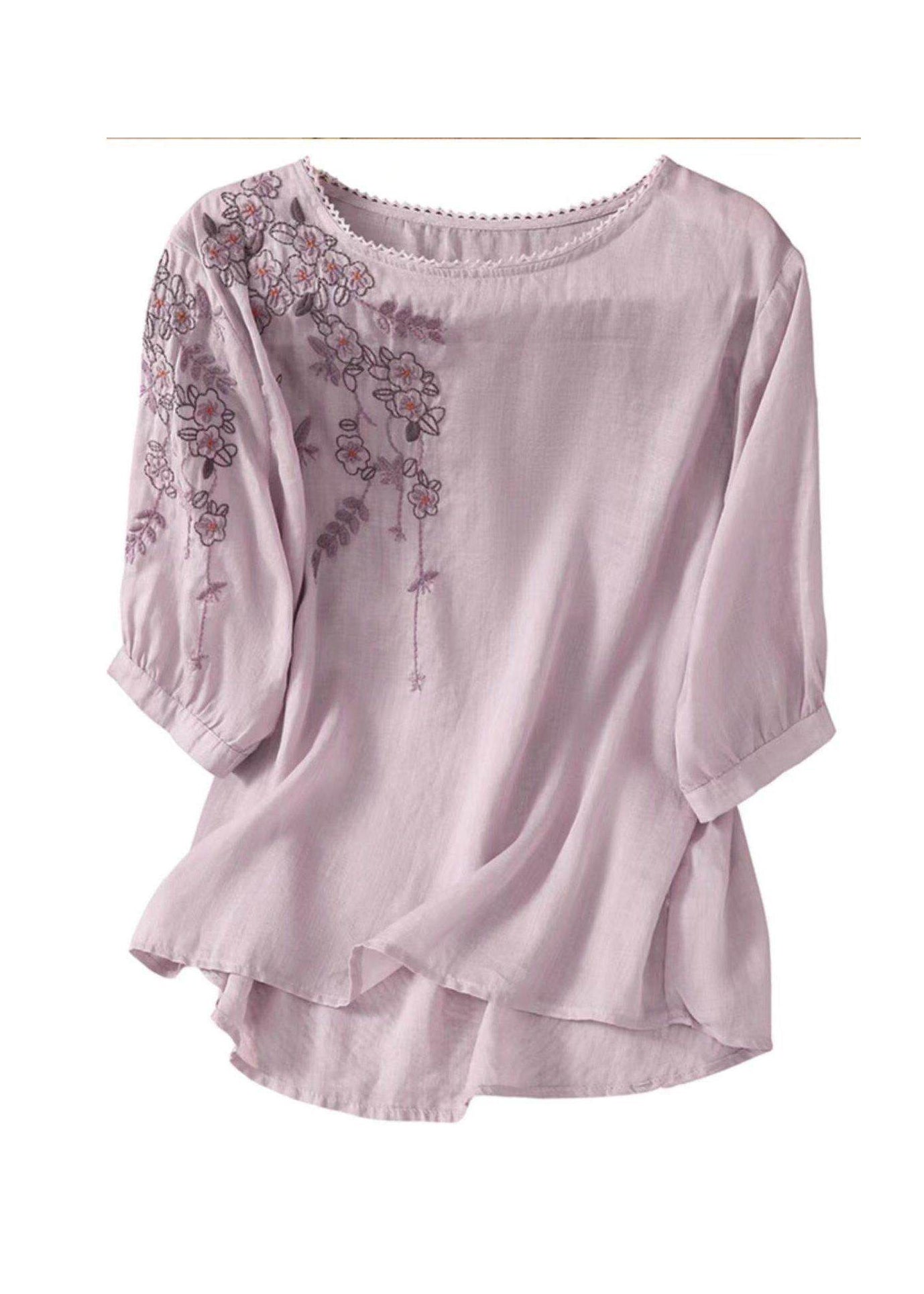 Casual Yellow O Neck Embroidered Cotton Top Summer