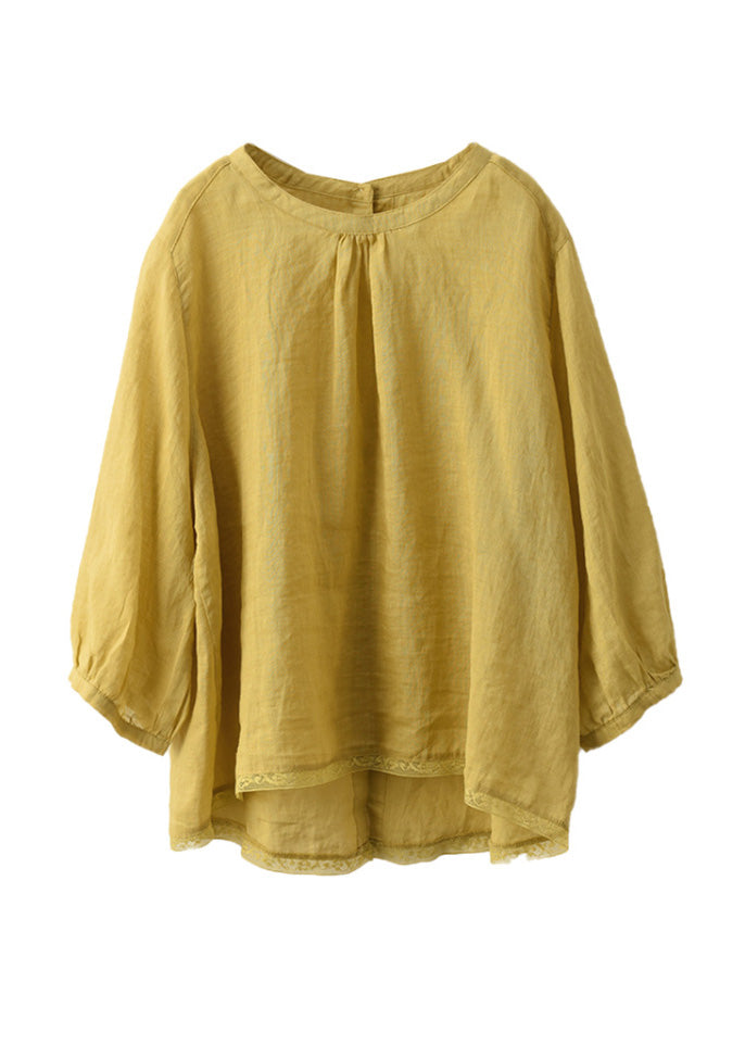 Casual Yellow O Neck Patchwork Linen Blouse Top Summer