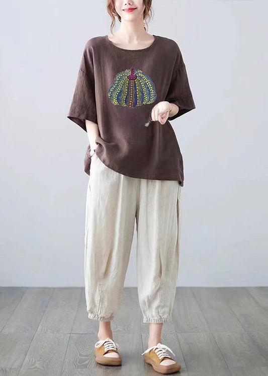 Casual Yellow O Neck Print Cotton T Shirt Top Summer