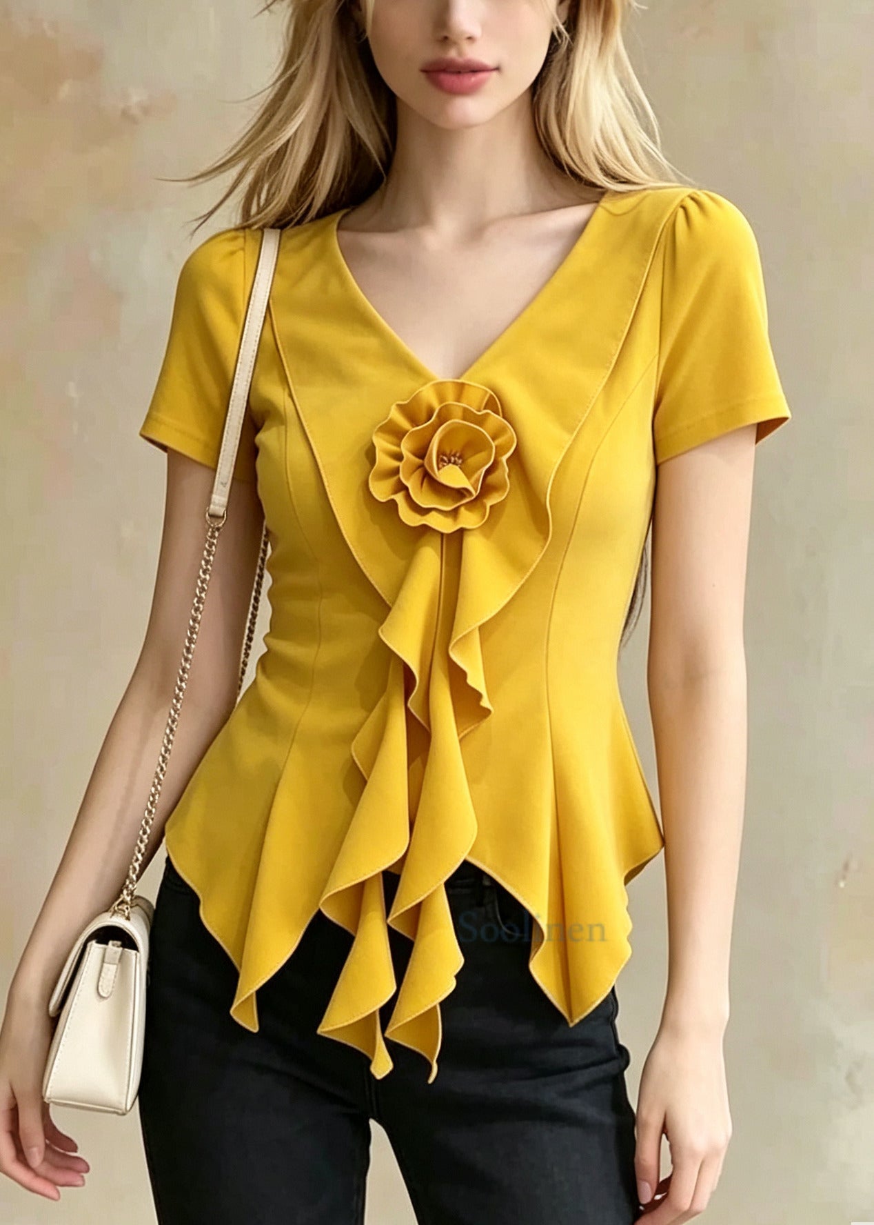 Casual Yellow Ruffled Floral Cotton Top Summer