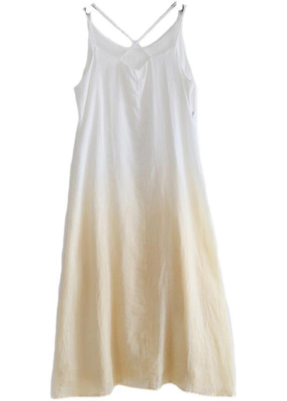 Casual Yellow Tie Dye Backless Ramie Dress Summer - SooLinen