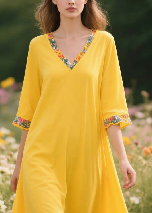 Casual Yellow V Neck Patchwork Cotton A Line Dress Summer