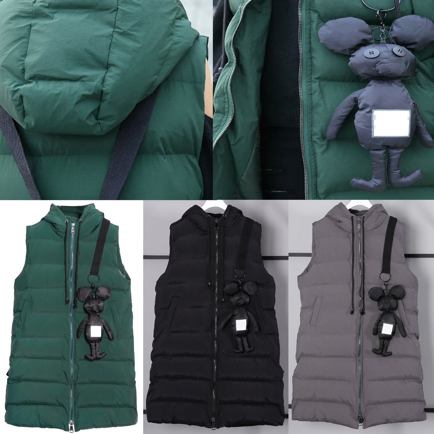 Casual green down jacket plus size hooded zippered parka Casual Sleeveless Animal overcoat