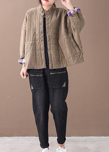 Casual khaki women casual thick stand collar outwear - SooLinen