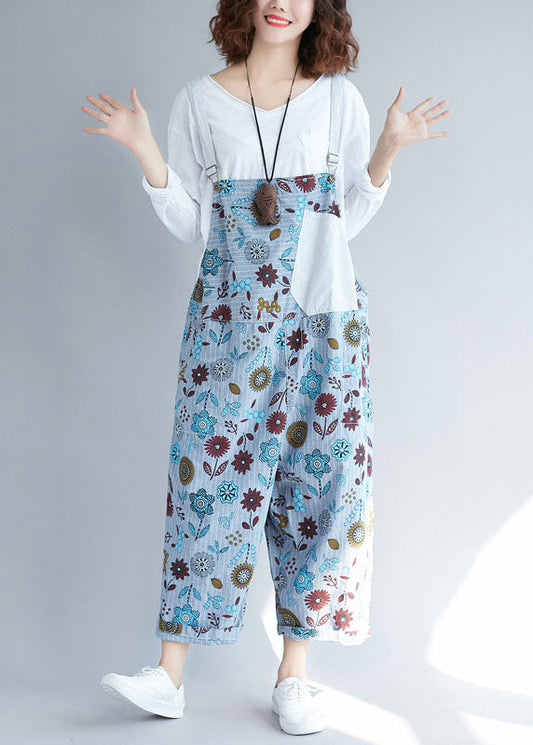Lässige hellgraue Taschen Patchwork Floral Denim Jumpsuits Frühling