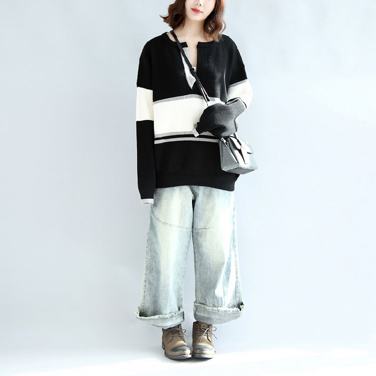 Lässiger Langarm Baumwollpullover Oversize schwarz weiß Patchwork Strickpullover