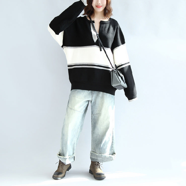 Lässiger Langarm Baumwollpullover Oversize schwarz weiß Patchwork Strickpullover