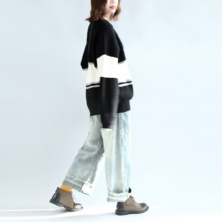 Lässiger Langarm Baumwollpullover Oversize schwarz weiß Patchwork Strickpullover