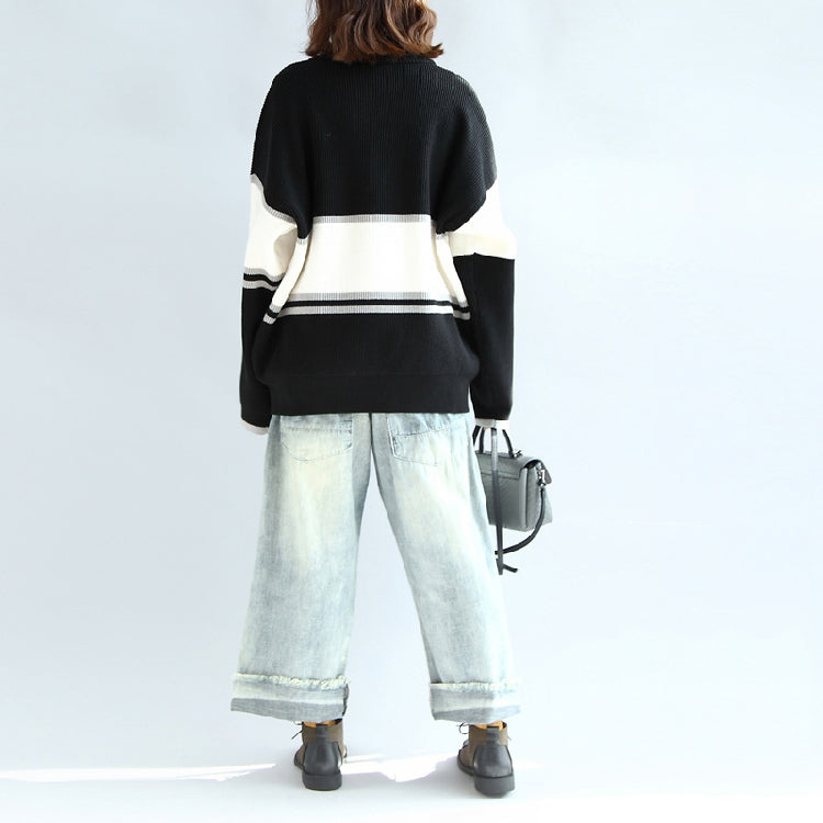Lässiger Langarm Baumwollpullover Oversize schwarz weiß Patchwork Strickpullover
