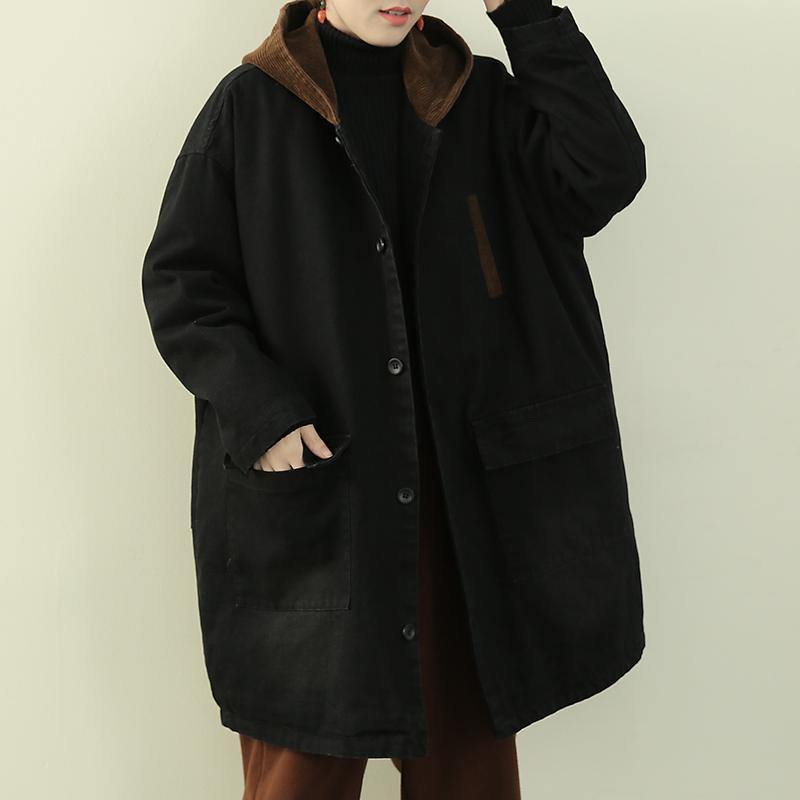 Casual plus size snow outwear black hooded patchwork womens coats - SooLinen