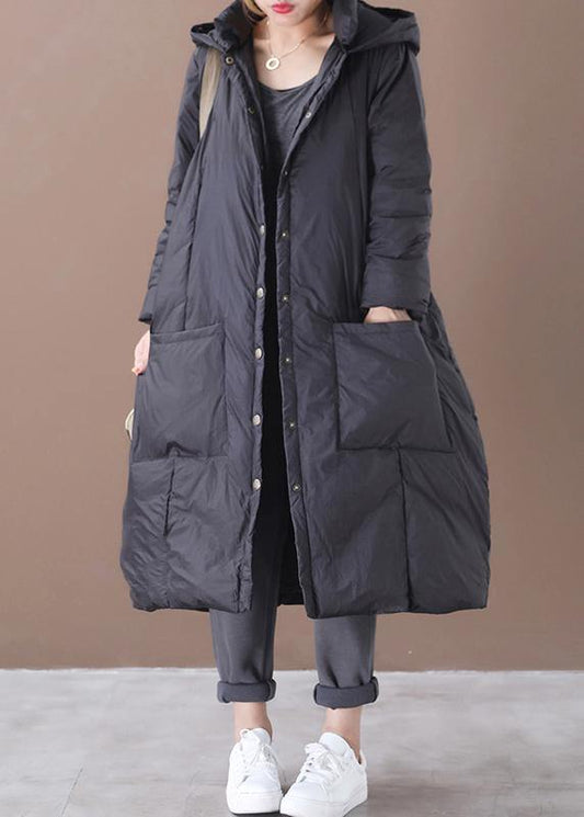 Casual plus size winter jacket overcoat black hooded Button Down warm winter coat - SooLinen