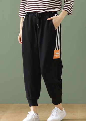 Casual side striped lace-up plus size cropped harem pants - SooLinen