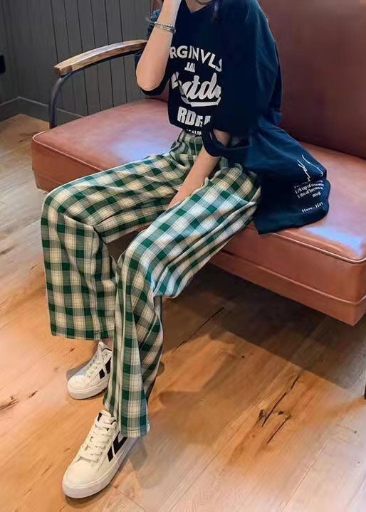 Lässige grüne karierte Hose mit hohem Bund und weitem Bein und Reißverschluss