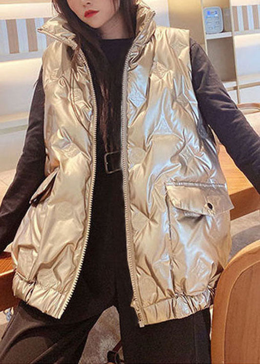 Champagnerfarbene Winter-Daunenweste mit Reißverschlusstaschen und Entendaunen