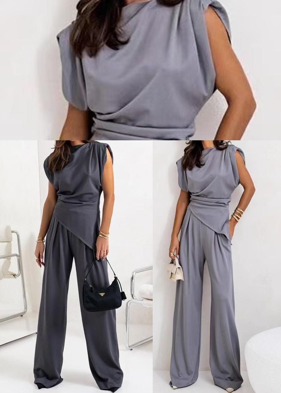 Charcoal Grey Cotton Two Piece Set Women Clothing Asymmetrical Sleeveless