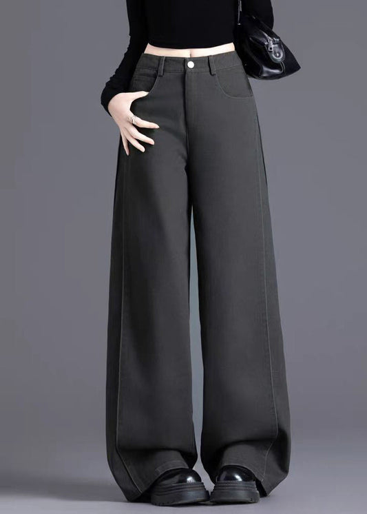Charcoal Grey Denim Wide Leg Pants Oversized Wrinkled Spring