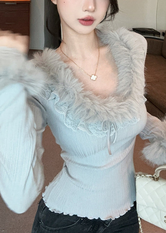 Chic Apricot Fur Lace Patchwork Knit Top Spring