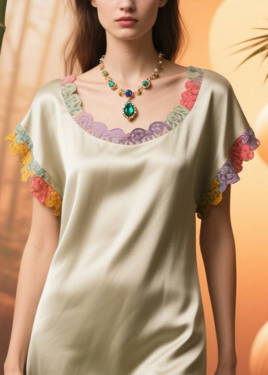 Chic Apricot Oversized Patchwork Lace Silk Tea Dress Summer