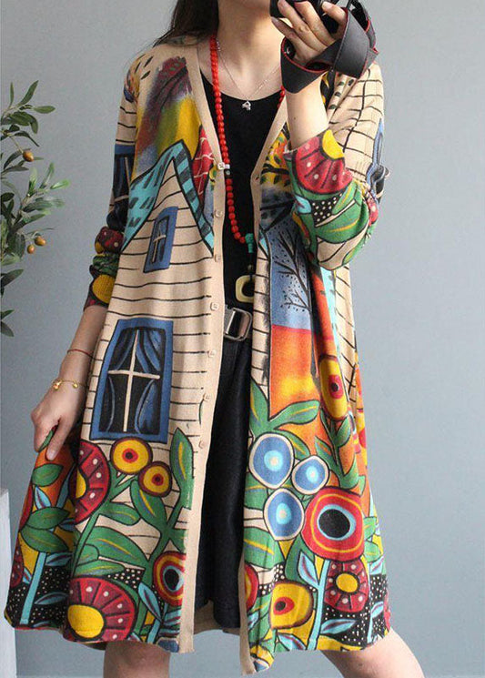 Chic Apricot V-Ausschnitt Button Print Herbst Strick Loose Coat Langarm