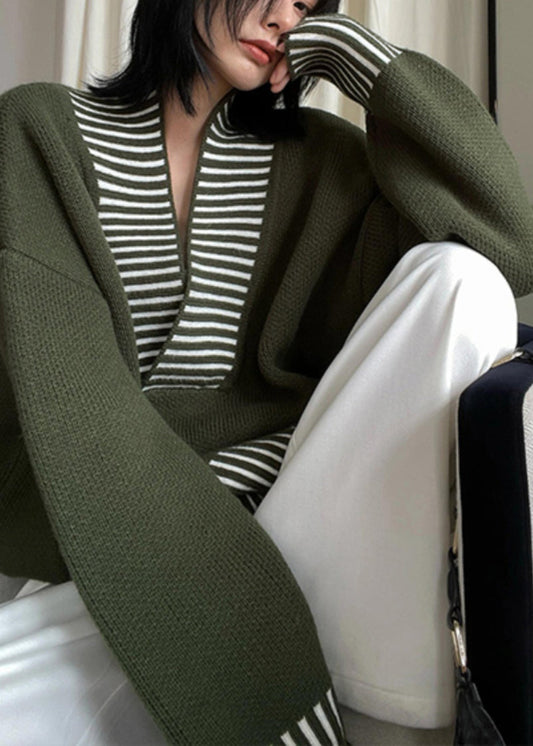Suéter de punto con cuello en V y rayas de patchwork verde militar elegante para primavera