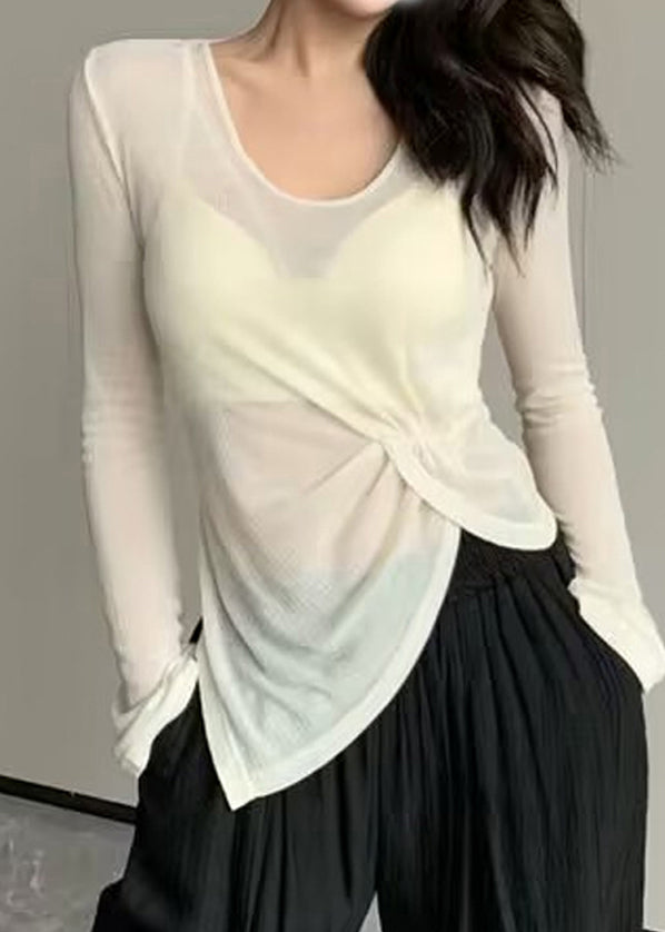 Chic Beige Asymmetrical Wrinkled Ice Silk Yoga Top
