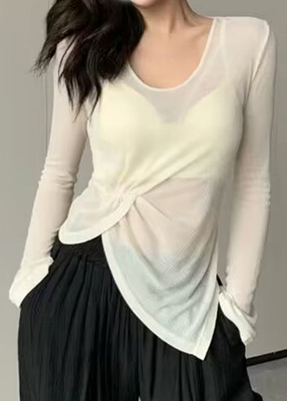Chic Beige Asymmetrical Wrinkled Ice Silk Yoga Top