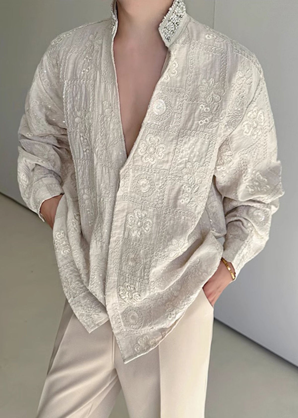 Chic Beige Stand Collar Embroideried Cotton Worker Shirt Men Fall
