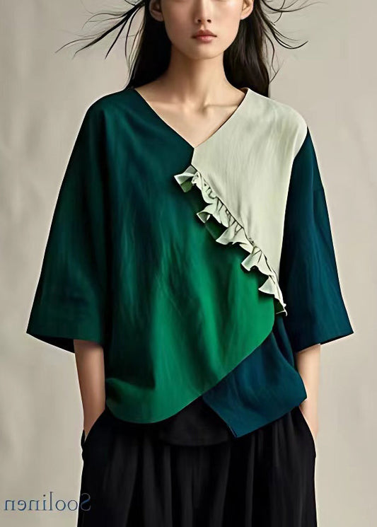 Schickes beiges Baumwolltop mit V-Ausschnitt und Rüschen