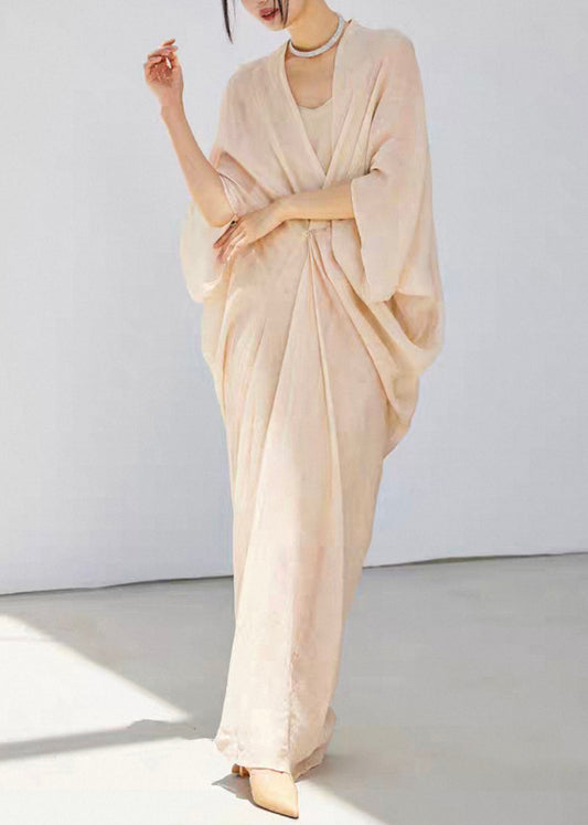 Chic Beige V Neck Wrinkled Solid Linen Silk Dress Bracelet Sleeve