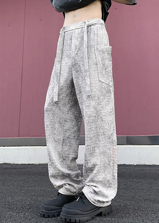 Chic Beige Wrinkled Pockets Ice Silk Mens Pants Summer