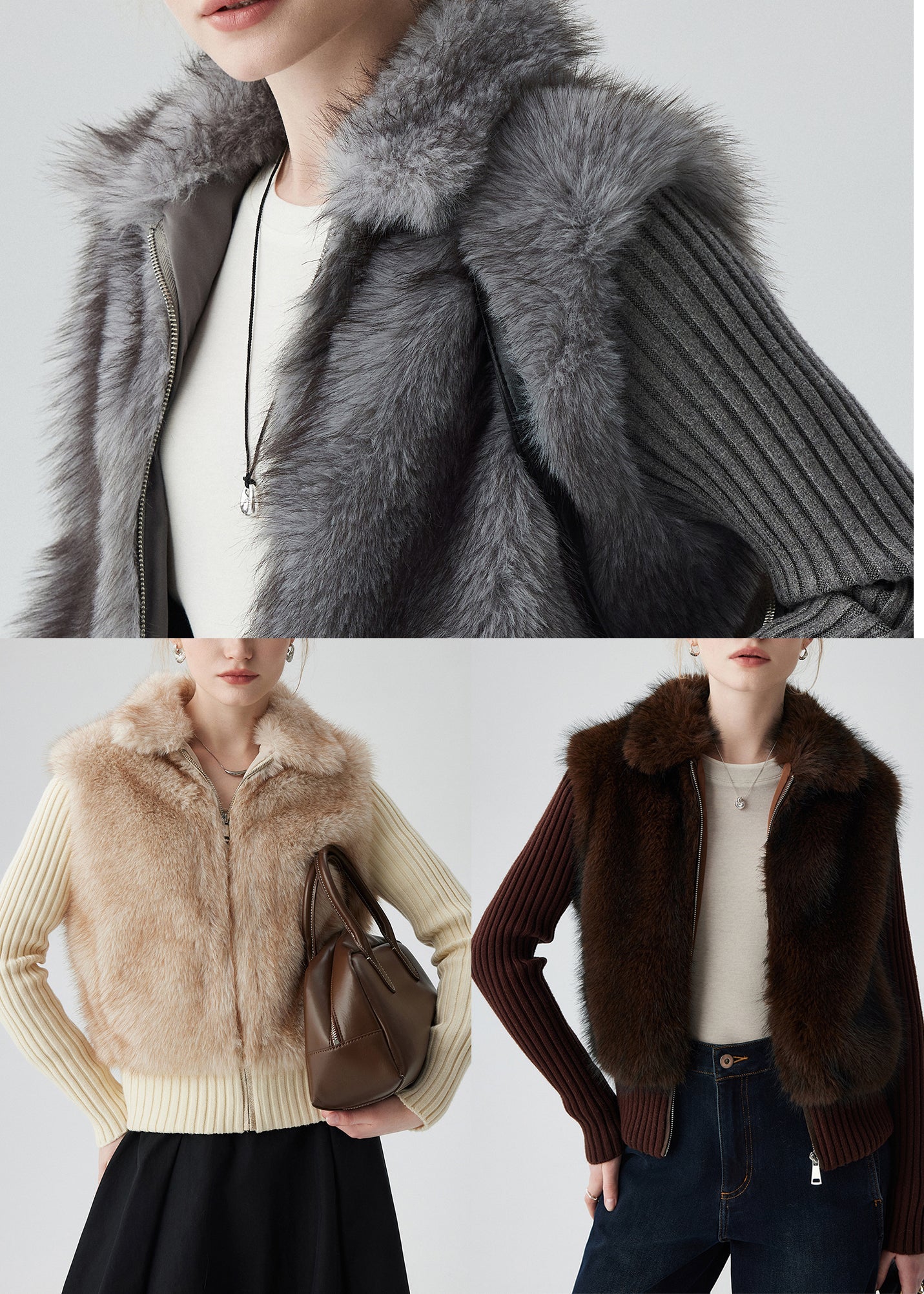 Abrigo de punto de piel sintética de zorro con patchwork y cremallera beige elegante para invierno