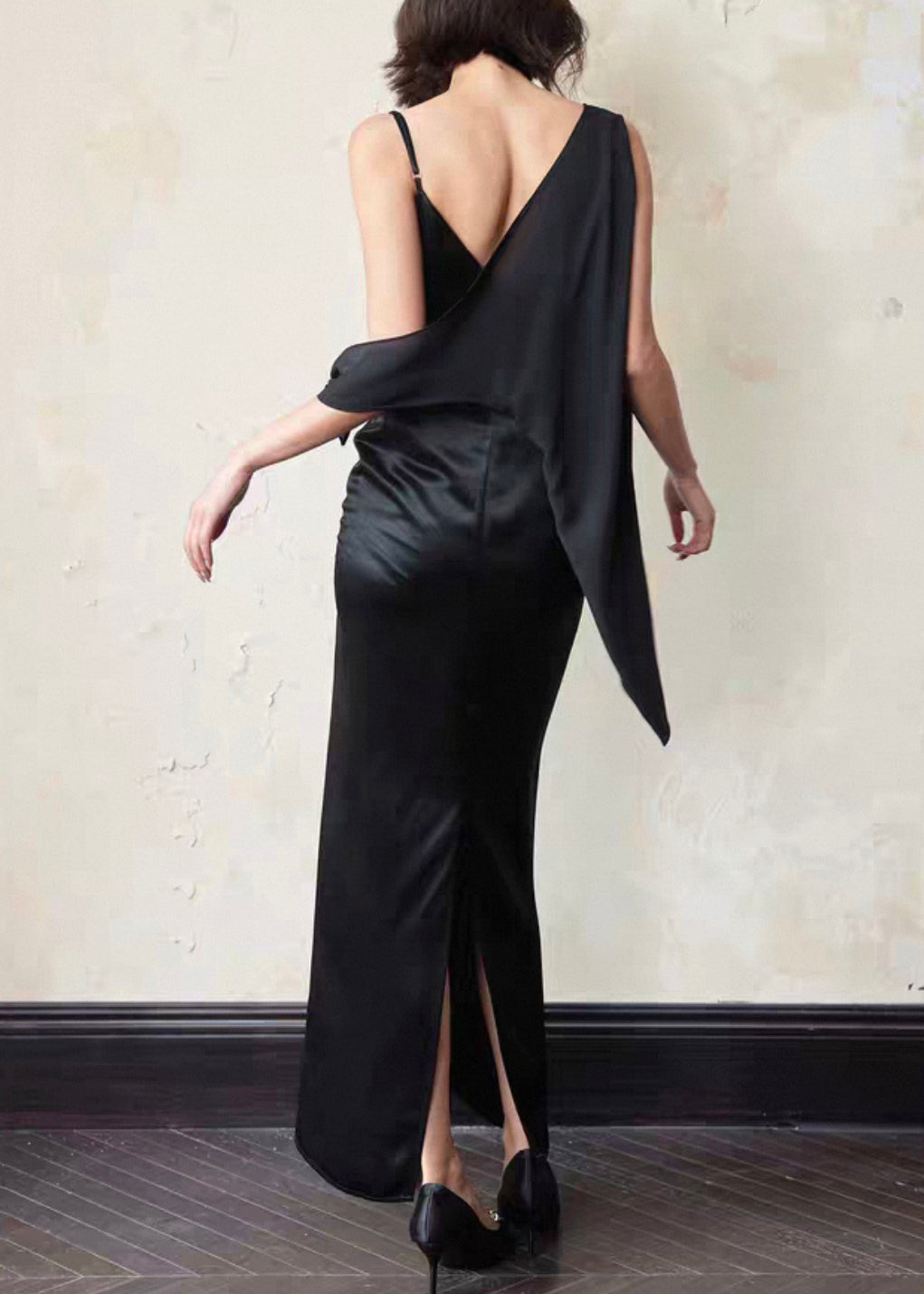 Chic Black Asymmetrical Side Open Silk Dresses Sleeveless
