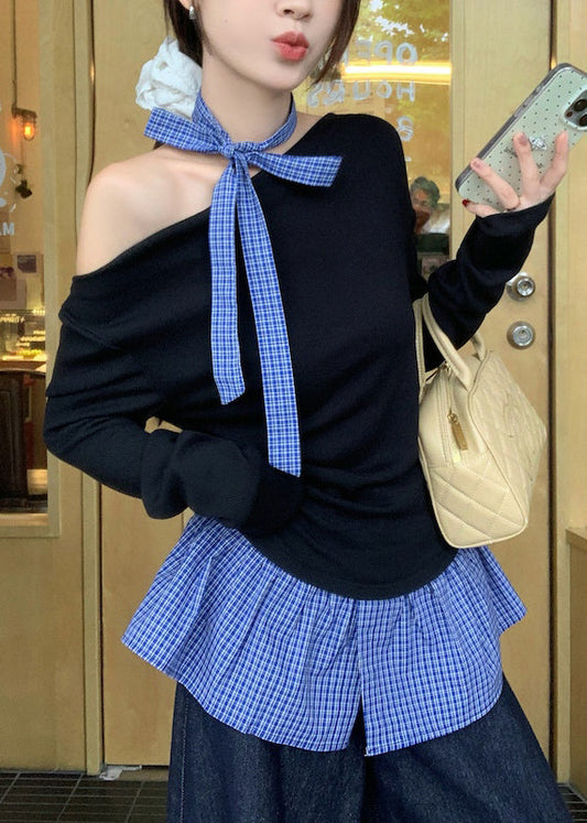 Chic Black Cold Shoulder Plaid Patchwork Cotton T Shirts Fall