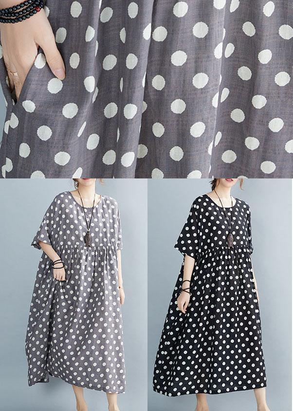 Chic Black O-Neck Dot Summer Maxi Dresses Half Sleeve - SooLinen