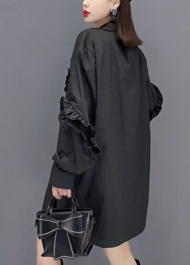 Chic Schwarz Peter Pan Kragen Asymmetrische Rüschen Baumwolle Hemd Tops Frühling