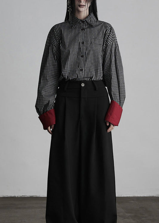 Chic Black Peter Pan Collar Plaid Button Cotton Shirts Spring