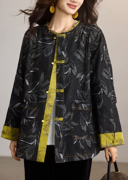 Chic Black Print Patchwork Chinese Button Denim Jackets Spring