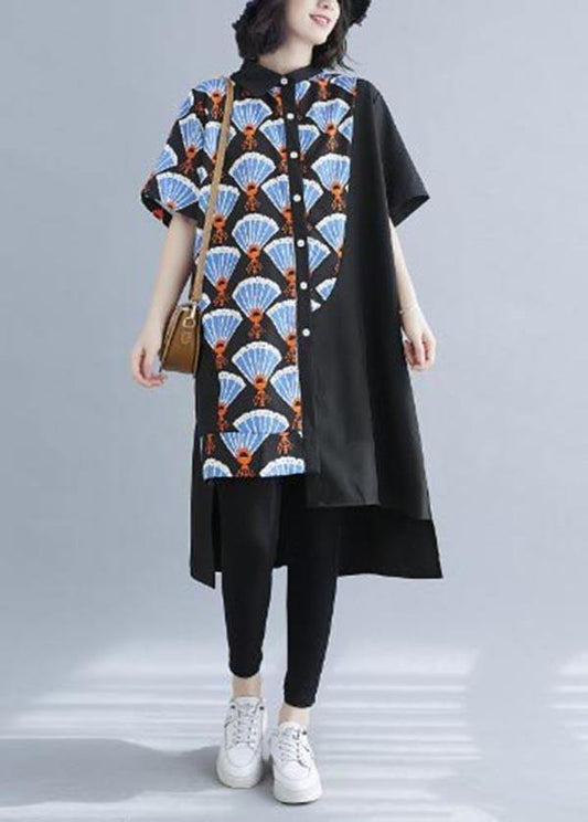 Chic Black Print asymmetrical designlow high design Vacation Summer Cotton Dress - SooLinen