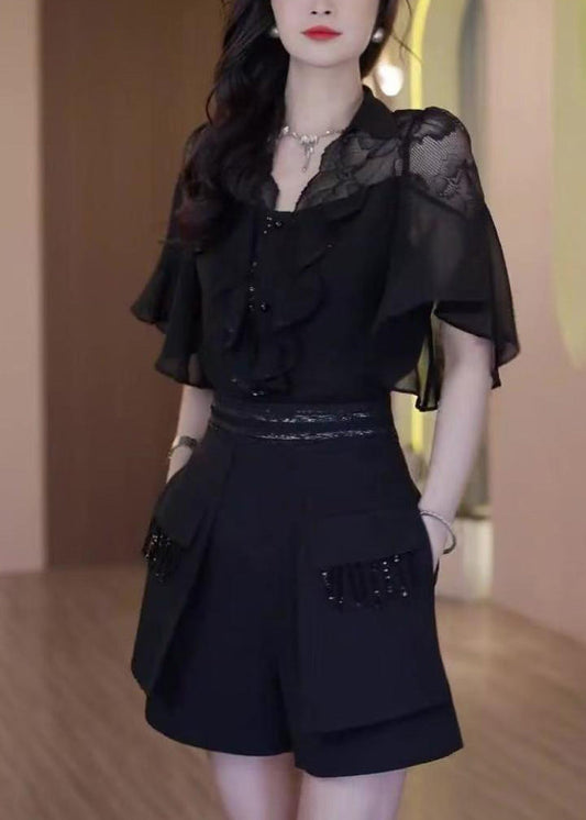 Chic Black Ruffled Lace Patchwork Two Piece Set Outfits Summer