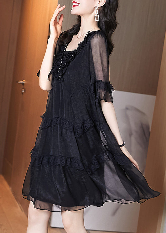 Chic Black Ruffled Patchwork Chiffon Dress Summer