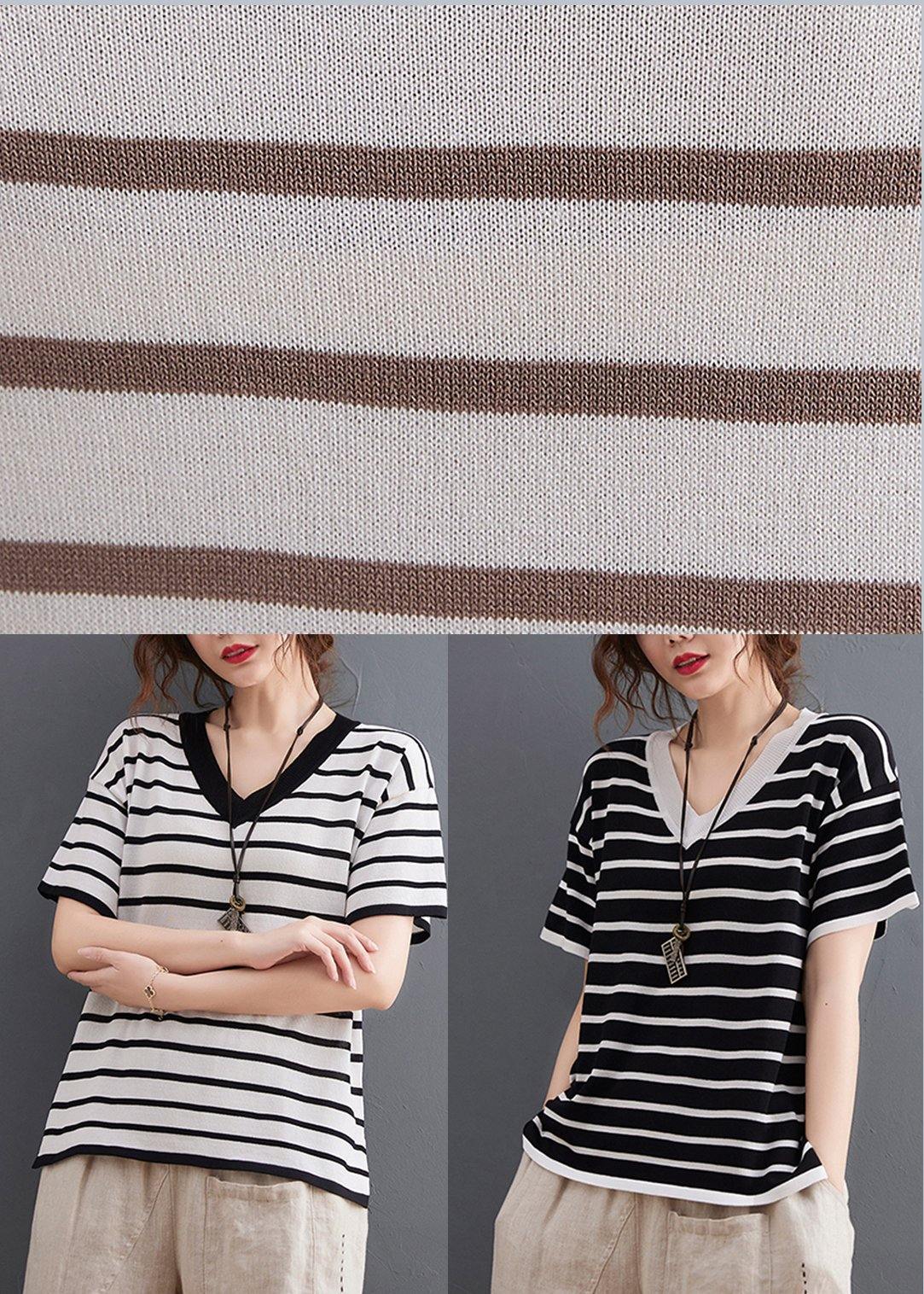 Chic Black Striped V Neck Cotton Linen Summer Tee - SooLinen