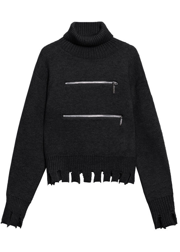 Schicker schwarzer Herbstpullover mit Reißverschluss und Quasten