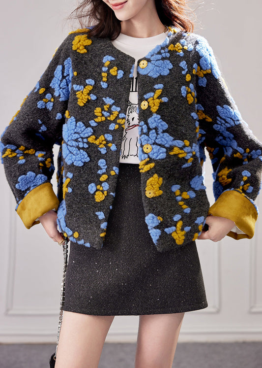 Chic Blue Embroidered Button Duck Down Woolen Coat Winte