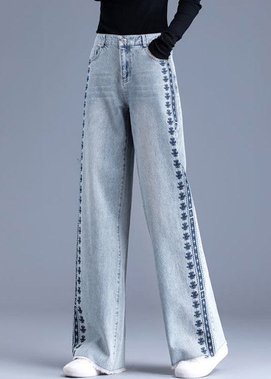 Chic Blue Embroidered Pockets Patchwork Denim Pants Spring