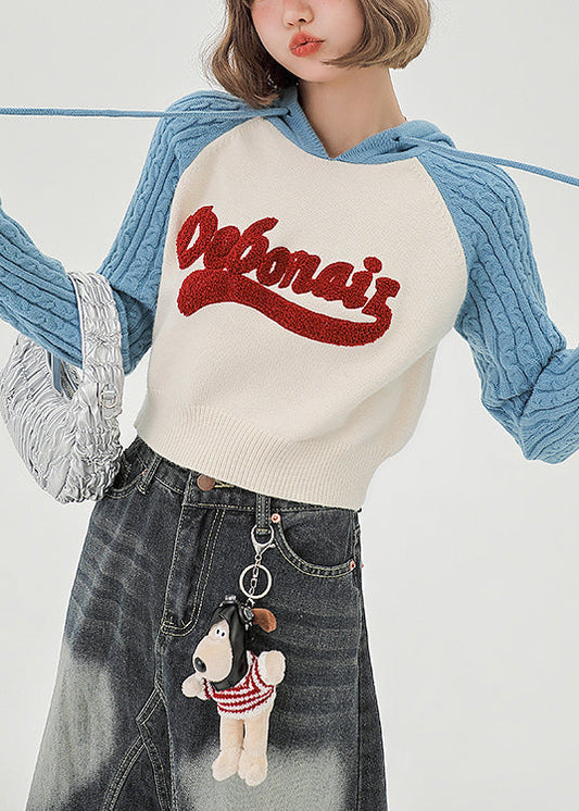 Schickes blaues Kapuzen-Sweatshirt mit Patchwork-Jacquard-Strickmuster, Frühlingsoberteil