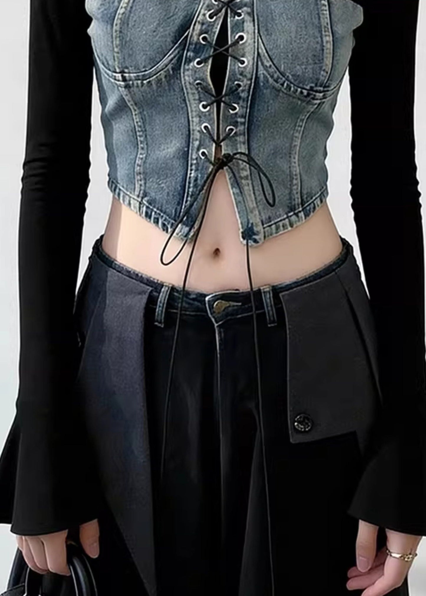 Chic Blue Lace Up Patchwork Denim T Shirts Flare Sleeve