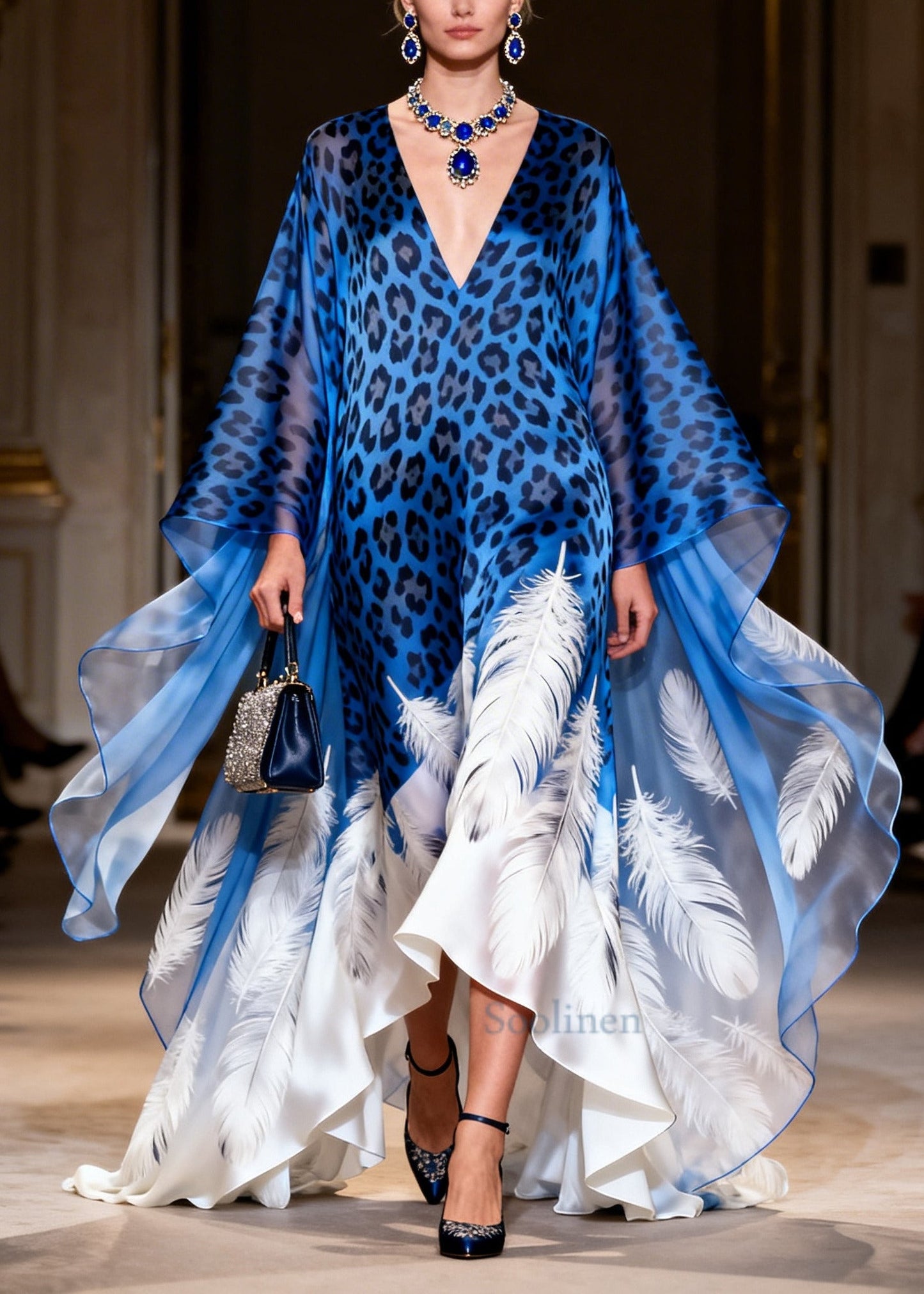 Chic Blue Oversized Leopard Print Exra Large Hem Silk Dress Summer